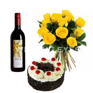Yellow Roses with Red Wine n Black Forrest Cake